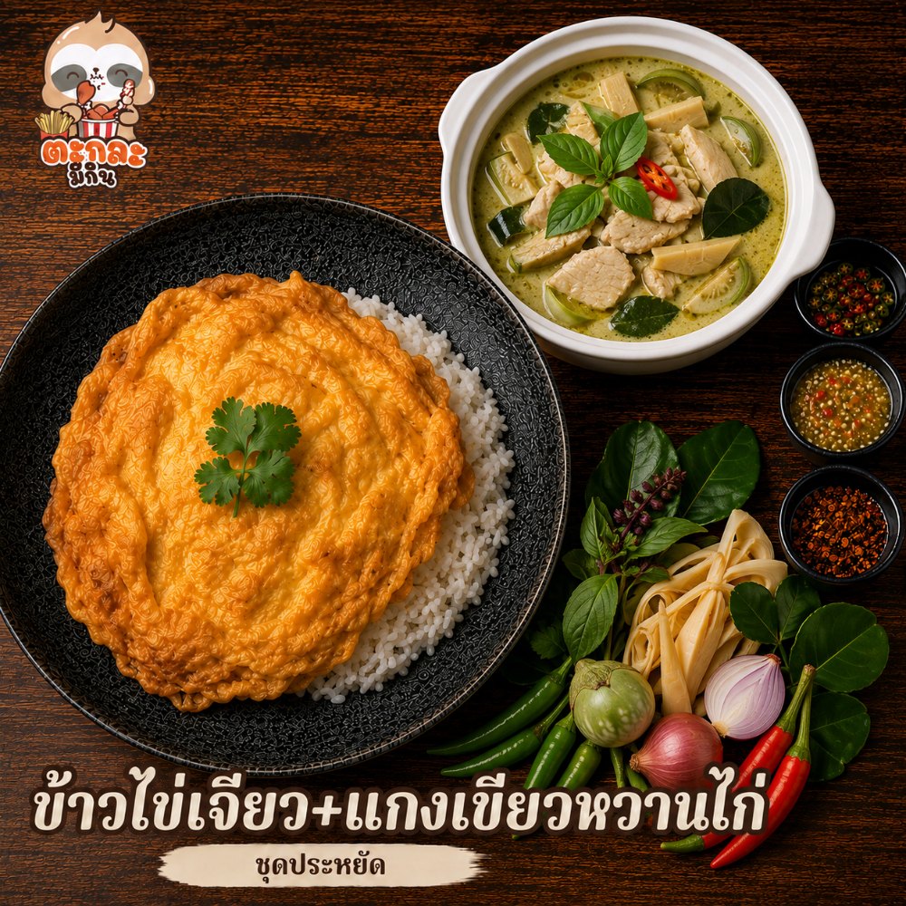 ข้าวไข่เจียว + แกงเขียวหวานไก่ (ชุดประหยัด)