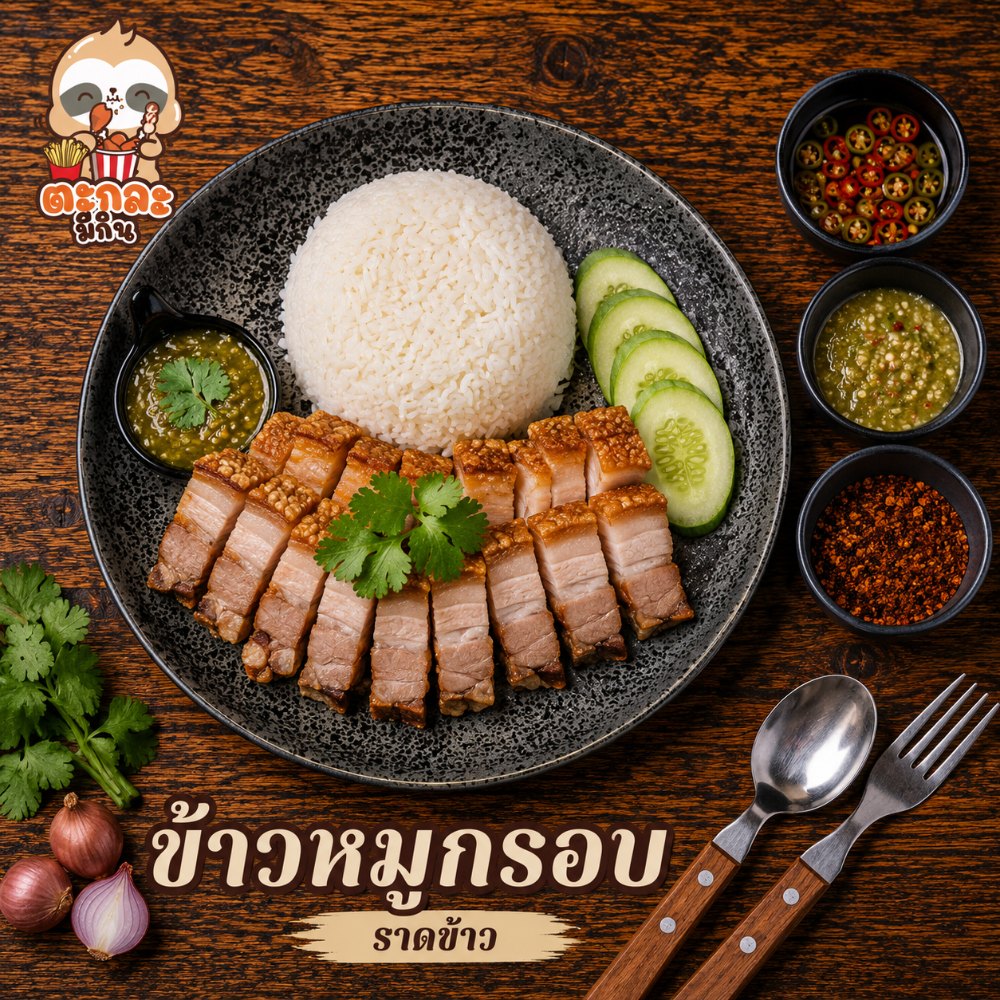 ข้าวหมูกรอบ+น้ำจิ้มซีฟูีด