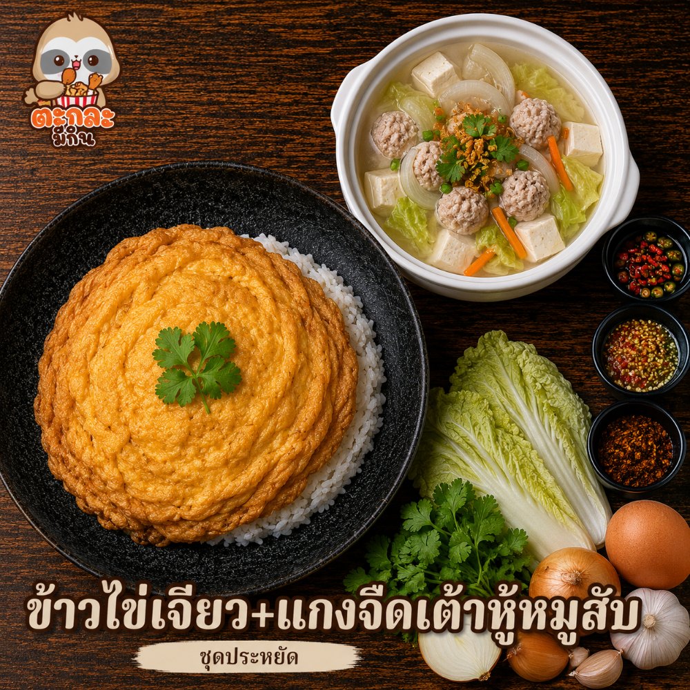 ข้าวไข่เจียว + แกงจืดเต้าหู้หมูสับ (ชุดประหยัด)