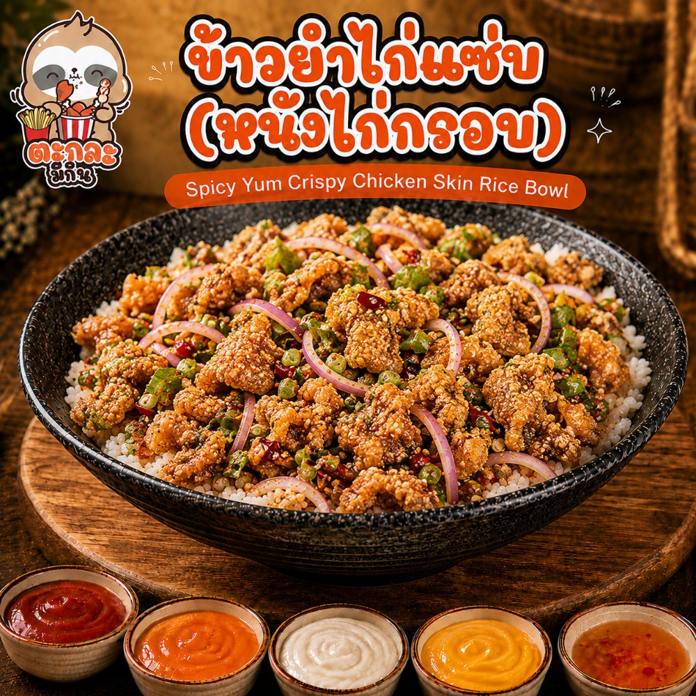 ข้าวยำไก่แซ่บ (หนังไก่กรอบ)