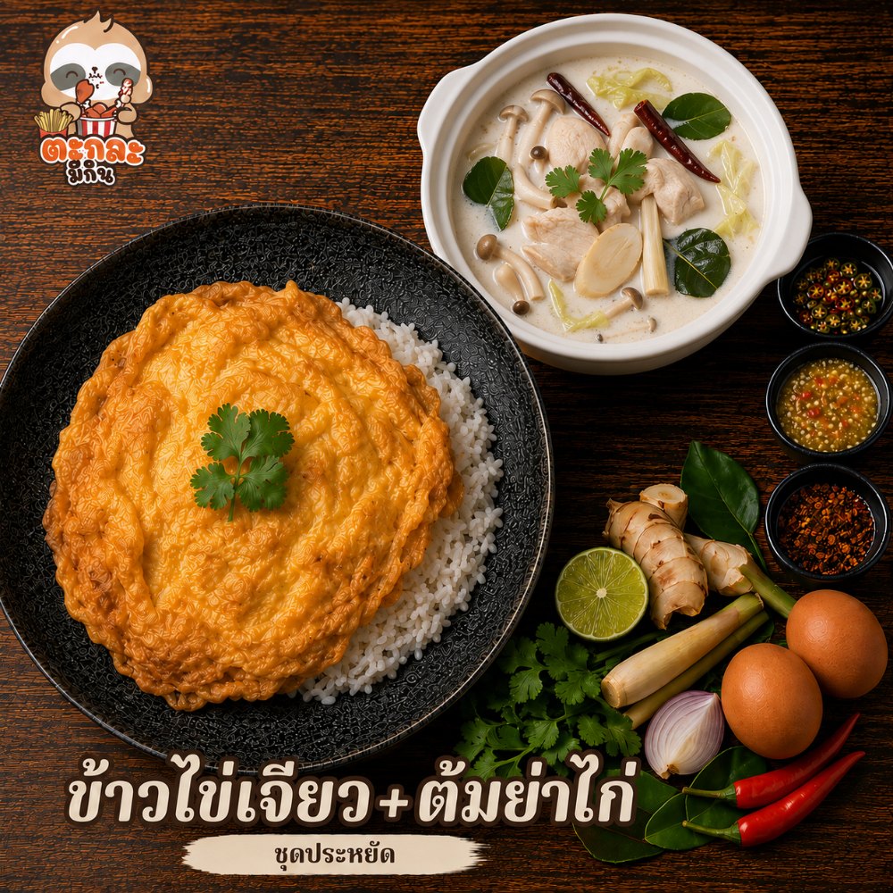 ข้าวไข่เจียว + ต้มข่าไก่ (ชุดประหยัด)